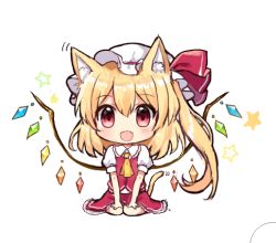 Rule 34 | 1girl, :d, animal ears, ascot, blonde hair, blush, cat ears, cat tail, fang, flandre scarlet, hair between eyes, hat, hat ribbon, looking at viewer, mob cap, open mouth, puffy short sleeves, puffy sleeves, red eyes, ribbon, short sleeves, side ponytail, simple background, sitting, smile, solo, star (symbol), tail, touhou, wariza, white background, wings, yada (xxxadaman)