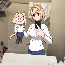 Rule 34 | &lt;|&gt; &lt;|&gt;, 2girls, :3, animal ears, arcueid brunestud, bathroom, bathtub, blonde hair, blue skirt, breasts, brown footwear, cat ears, cat tail, cellphone, chibi, commentary, english commentary, faucet, ferr, hand up, highres, holding, holding phone, guys holding babies (meme), indoors, large breasts, long sleeves, looking at viewer, melty blood, meme, multiple girls, neco-arc, neco spirit, phone, photo-referenced, photo background, pleated skirt, red eyes, selfie, short hair, skirt, smartphone, smile, solo, sweater, tail, tsukihime, white sweater