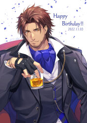Rule 34 | 1boy, 70 tabmk, beard, belmond banderas, black coat, black gloves, black sweater vest, brown hair, closed mouth, coat, collared coat, cup, facial hair, fingerless gloves, gloves, happy birthday, highres, holding, holding cup, light smile, male focus, nijisanji, on chair, open clothes, open coat, orange eyes, scar, scar across eye, short hair, sideburns, signature, sitting, solo, sweater vest, twitter username, upper body, virtual youtuber