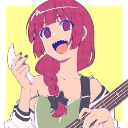 Rule 34 | 1girl, @ @, bachi, bare shoulders, black bow, black nails, bocchi the rock!, bow, braid, commentary, fingernails, hair between eyes, hair over shoulder, highres, hiroi kikuri, holding, holding instrument, instrument, jacket, long sleeves, moyashi (m-planter), multicolored clothes, multicolored jacket, open mouth, plectrum, purple eyes, purple hair, sharp teeth, side braid, solo, strap slip, teeth, tongue, two-tone jacket, upper body, upper teeth only