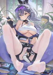 Rule 34 | 1girl, bare shoulders, bean bag chair, black gloves, blush, breasts, catsmoon, cellphone, closed mouth, controller, crossed bangs, elden ring, eyewear on head, feet, fingerless gloves, game controller, gloves, grey hair, hair ornament, hand up, highres, honkai: star rail, honkai (series), large breasts, long hair, looking at viewer, navel, nintendo switch, pantyhose, phone, plant, playstation controller, ponytail, side ponytail, signature, silver wolf (honkai: star rail), sitting, smartphone, smile, soles, solo, sunglasses, thighs, underboob, white pantyhose, yellow eyes