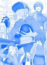 Rule 34 | 2girls, :o, blue theme, breasts, character request, cleavage, clothes lift, commentary request, getsuyoubi no tawawa, glasses, gloves, hair between eyes, head-mounted display, highres, himura kiseki, jacket, jacket lift, large breasts, long sleeves, looking at another, monochrome, multiple girls, multiple views, open mouth, rikei-chan (tawawa), short hair, short twintails, sitting, smile, sports bra, sweater, teeth, translation request, turtleneck, turtleneck sweater, twintails