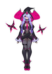 Rule 34 | 1girl, black nails, boots, braid, choker, concept art, era (omega strikers), full body, goth fashion, hat, high heel boots, high heels, highres, liyart, looking at viewer, nail polish, official art, omega strikers, purple hair, solo, straight-on, tagme, thighs, twin braids, white background, witch, witch hat