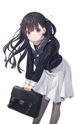 Rule 34 | 1girl, black hair, black pantyhose, black shirt, blush, briefcase, brown eyes, closed mouth, collarbone, commentary request, feet out of frame, grey neckerchief, hair bobbles, hair ornament, highres, holding, holding briefcase, leaning forward, long hair, long sleeves, looking at viewer, na-ga, neckerchief, original, pantyhose, pleated skirt, sailor collar, school briefcase, school uniform, serafuku, shirt, simple background, skirt, sleeves past wrists, solo, standing, translation request, two side up, white background, white sailor collar, white skirt