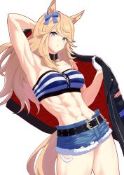 1girl abs absurdres animal_ears arm_up armpits bandeau belt black_belt black_choker black_jacket blonde_hair blue_bow blue_eyes blush bow breasts choker cleavage commentary_request gold_city_(umamusume) hair_bow highres horse_ears horse_girl jacket jacket_partially_removed long_hair long_sleeves looking_at_viewer midriff navel open_clothes open_jacket partial_commentary red_nails senchan_7 simple_background smile solo stomach strapless striped_bandeau swept_bangs tube_top umamusume