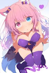 1girl absurdres animal_ears asami-chan bare_shoulders blue_eyes blue_hair blush boots breasts cat_ears cleavage crescent crescent_pin from_above gradient_hair hair_ribbon heterochromia highres large_breasts leotard long_hair looking_at_viewer multicolored_hair original pink_hair purple_leotard purple_thighhighs red_eyes ribbon simple_background solo star_(symbol) strapless strapless_leotard tail thigh_boots thighhighs white_background