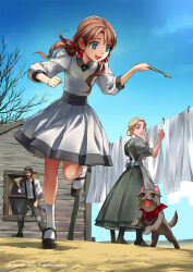 Rule 34 | 1boy, 2girls, beard, blonde hair, blue eyes, blue sky, brown hair, building, character request, clothesline, commentary, day, dog, dorothy gale, dress, english commentary, facial hair, full body, grey dress, grey pants, gunshiprevolution, hair bun, kriss sison, long hair, multiple girls, outdoors, pants, running, shirt, shoes, sky, smile, socks, stick, suspenders, the wizard of oz, toto (twooz), twintails, white dress, white shirt, window