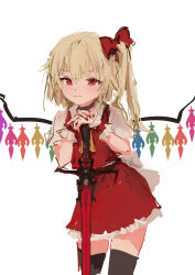 Rule 34 | 1girl, back bow, blonde hair, blush, bow, choker, closed mouth, cowboy shot, flandre scarlet, hair between eyes, hair bow, hands on hilt, high ponytail, highres, leaning forward, leaning on object, light smile, long hair, looking at viewer, miniskirt, red eyes, red skirt, red vest, reddizen, shirt, short sleeves, side ponytail, simple background, skirt, skirt set, solo, sword, thighhighs, touhou, vest, weapon, white background, wings, wristband, zettai ryouiki
