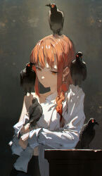 Rule 34 | 1girl, bird, black bird, black pants, braid, braided ponytail, chainsaw man, collarbone, collared shirt, cowboy shot, crow, dino (dinoartforame), glowing, glowing eyes, grey background, hair over shoulder, highres, indoors, light, light smile, long hair, looking down, makima (chainsaw man), off shoulder, open clothes, open shirt, orange eyes, orange hair, pants, ringed eyes, shirt, solo, standing, table, uniform, white shirt