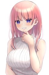 Rule 34 | 1girl, :d, absurdres, bare arms, bare shoulders, blush, breasts, earrings, go-toubun no hanayome, grin, hand on own chin, highres, jewelry, kurosaki coco, large breasts, long hair, looking at viewer, nakano ichika, open mouth, parted lips, pink hair, purple eyes, simple background, sleeveless, sleeveless sweater, smile, solo, stud earrings, sweater, teeth, upper body, upper teeth only, white background, white sweater