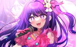 Rule 34 | 1girl, blush, commentary request, gloves, hair intakes, hair ornament, heart, highres, holding, holding microphone, hoshino ai (oshi no ko), long hair, looking at viewer, microphone, minami saki, one side up, oshi no ko, pink gloves, pink shirt, pointing, pointing at viewer, purple eyes, purple hair, rabbit hair ornament, shirt, sleeveless, sleeveless shirt, solo, star (symbol), symbol-shaped pupils