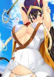 Rule 34 | 1girl, ?, armpits, arms behind head, arms up, bead necklace, beads, bikini, bikini top only, blue sky, blush, breasts, brown hair, cleavage, day, earrings, fate/grand order, fate (series), hair between eyes, hat, headdress, hoop earrings, japanese clothes, jewelry, kimono, large breasts, long hair, looking at viewer, necklace, prayer beads, purple eyes, short kimono, sky, sleeveless, sleeveless kimono, smile, solo, spoken question mark, staff, swimsuit, unadon, underboob, vest, white bikini, white kimono, xuangzang sanzang (fate), yellow vest