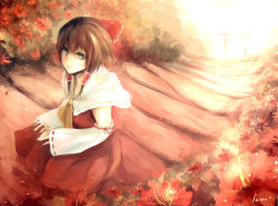 Rule 34 | 1girl, bow, brown hair, character name, detached sleeves, female focus, flower, gracehoo, hair bow, hair tubes, hakurei reimu, japanese clothes, long hair, looking at viewer, miko, scenery, solo, torii, touhou