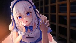 Rule 34 | 1girl, animal ears, basement, bed sheet, blue eyes, blue nails, blue ribbon, breasts, candlelight, fingernails, hair between eyes, hair ornament, hairband, hand grab, hand on own cheek, hand on own face, highres, hikkyou, holding hands, implied sex, indoors, iron bars, long hair, looking at viewer, maid, masquerade, medium breasts, nail polish, nano tenshi, open mouth, ribbon, solo focus, stairs, sweat, teeth, uniform, virtual youtuber, white hair, yandere