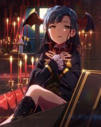 Rule 34 | 10s, 1girl, bat wings, blue hair, boots, candle, cross-laced footwear, fang, formal, full moon, hair ornament, halloween, head wings, idolmaster, idolmaster million live!, jpeg artifacts, knee boots, lace-up boots, long hair, looking at viewer, moon, nanao yuriko, official art, short hair, solo, suit, vampire, wings, yellow eyes