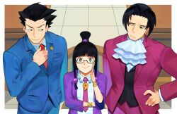 Rule 34 | 1girl, 2boys, ace attorney, black hair, formal, from above, green eyes, hand on own hip, highres, long hair, long sleeves, looking at viewer, maya fey, miles edgeworth, multiple boys, necktie, pants, phoenix wright, short hair, suit, the evanjer, wide sleeves