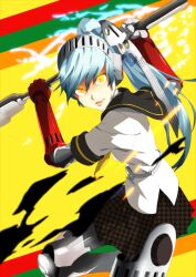 Rule 34 | 1girl, android, black skirt, blue hair, frfk, glowing, glowing eyes, highres, joints, labrys (persona), light blue hair, long hair, parted lips, persona, persona 4: the ultimate in mayonaka arena, persona 4: the ultimax ultra suplex hold, ponytail, robot girl, robot joints, school uniform, serafuku, shadow (persona), shadow labrys, skirt, solo, yellow eyes