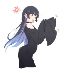 Rule 34 | 1girl, absurdres, black choker, black dress, black hair, blunt bangs, bocchi the rock!, chin piercing, choker, closed eyes, clothing cutout, colored inner hair, commentary request, cropped legs, dress, ear piercing, eitopondo, floating hair, hands up, highres, hime cut, light blush, long hair, long sleeves, multicolored hair, open mouth, pa-san, piercing, purple hair, shoulder cutout, simple background, smile, solo, very long sleeves, white background, wide sleeves