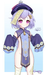 1girl absurdres artist_name bandaged_leg bandages bare_shoulders bell blush braid cowboy_shot female_focus flat_chest frown genshin_impact gradient_background hands_up hat highres jewelry jiangshi long_hair long_sleeves looking_at_viewer neps-l pink_eyes purple_eyes purple_hair qingdai_guanmao qiqi_(genshin_impact) see-through_clothes sleeves_past_fingers sleeves_past_wrists solo very_long_hair white_background wide_sleeves