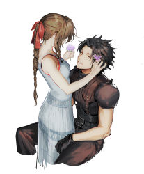 Rule 34 | 1boy, 1girl, aerith gainsborough, armor, black gloves, black hair, black pants, black shirt, braid, braided ponytail, breasts, brown hair, commentary, cowboy shot, crisis core final fantasy vii, dress, english commentary, closed eyes, final fantasy, final fantasy vii, flower, gloves, grin, hair flower, hair ornament, hair ribbon, highres, holding, holding flower, invisible chair, long hair, looking at another, medium breasts, pants, ribbed shirt, ribbon, shirt, short hair, shoulder armor, simple background, sitting, sleeveless, sleeveless dress, smile, sophie (693432), spiked hair, white background, white dress, zack fair