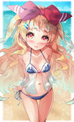 Rule 34 | 1girl, alternate costume, arm behind back, azur lane, beach, bikini, blonde hair, blue bikini, blush, bow, breasts, collarbone, commentary request, commission, hair bow, hair ornament, hairclip, highres, jenkins (azur lane), navel, nyahu (nyahu 77), open mouth, orange eyes, skeb commission, sky, small breasts, solo, swimsuit