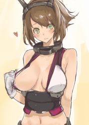 Rule 34 | 10s, 1girl, arm behind back, bad id, bad pixiv id, bare shoulders, blush, breasts, brown hair, cleavage, clothes pull, collar, covered erect nipples, gloves, gradient background, green eyes, headgear, heart, huge breasts, kantai collection, kyouki, midriff, mutsu (kancolle), navel, personification, short hair, sketch, solo, sweatdrop, tareme, upper body
