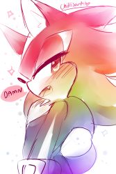 Rule 34 | 1boy, animal ears, artist name, blush, english text, fang, from side, furry, furry male, half-closed eyes, heart, highres, looking at viewer, male focus, multicolored hair, open mouth, profanity, rainbow hair, red eyes, shadow the hedgehog, signature, simple background, sketch, solo, sonic (series), spacecolonie, sparkle, speech bubble, tail, talking, white background