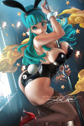 Rule 34 | 1girl, animal ears, artist name, ass, between breasts, black leotard, blue eyes, blue hair, blue nails, blunt bangs, breasts, bulma, cleavage, curvy, dragon ball, earrings, fake animal ears, female focus, fishnet thighhighs, fishnets, high heels, highleg, highleg leotard, jewelry, large breasts, leotard, lipstick, long hair, looking at viewer, looking back, makeup, matching hair/eyes, nail polish, patreon username, playboy bunny, pole, pole dancing, rabbit ears, rabbit tail, red footwear, sakimichan, shiny clothes, shiny skin, signature, skindentation, smile, solo, standing, standing on one leg, stripper pole, tail, thighhighs, watermark, web address, wrist cuffs