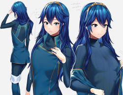 Rule 34 | 1girl, ameno (a meno0), blue eyes, blue hair, breasts, fire emblem, fire emblem awakening, grey background, hair between eyes, long hair, long sleeves, looking at viewer, lucina (fire emblem), multiple views, nintendo, simple background, small breasts, smile, symbol-shaped pupils, tiara, translation request, undressing