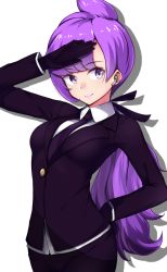 Rule 34 | 1girl, alternate color, anabel (pokemon), arm up, black gloves, black jacket, black necktie, black ribbon, blunt bangs, breasts, closed mouth, collared shirt, cowboy shot, creatures (company), formal, game freak, gloves, hair ribbon, hand on forehead, hand on own hip, hesumi, highres, jacket, long hair, long sleeves, looking at viewer, low ponytail, medium breasts, necktie, nintendo, pokemon, pokemon sm, purple eyes, purple hair, purple lips, ribbon, shadow, shirt, simple background, smile, solo, standing, suit, tareme, very long hair, white background, wing collar