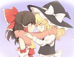 Rule 34 | 2girls, ascot, bare shoulders, blonde hair, blush, bow, braid, brown hair, detached sleeves, face-to-face, forehead-to-forehead, hair bow, hair ribbon, hair tubes, hakurei reimu, half updo, hat, hat bow, hat ribbon, heads together, juliet sleeves, kirisame marisa, large bow, long hair, long sleeves, multiple girls, pink scarf, puffy sleeves, red eyes, ribbon, riza dxun, scarf, shared clothes, shared scarf, side braid, single braid, touhou, vest, witch hat, yuri
