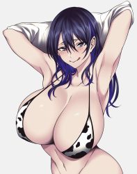 Rule 34 | 1girl, absurdres, animal print, bikini, black hair, blue hair, breasts, clothes lift, colored inner hair, commentary request, cow print, highres, huge breasts, hz (666v), large breasts, licking lips, multicolored hair, navel, original, purple eyes, shirt, shirt lift, simple background, swimsuit, tongue, tongue out, two side up, upper body, white background, white shirt