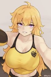 Rule 34 | 1girl, ahoge, armpits, blonde hair, bluefield, breasts, cleavage, commentary, english commentary, grin, highres, large breasts, long hair, looking at viewer, midriff, outstretched arms, purple eyes, rwby, selfie, smile, solo, tank top, upper body, wavy hair, yang xiao long, yellow tank top