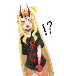 Rule 34 | !?, 1girl, ^^^, bare legs, black shirt, blonde hair, blush, clenched hand, commentary request, covering privates, covering crotch, embarrassed, facial mark, fangs, fate/grand order, fate (series), forehead mark, highres, horns, ibaraki douji (fate), long hair, looking at viewer, no eyebrows, oni, oni horns, open mouth, pointy ears, shirt, shirt tug, short sleeves, simple background, solo, surprised, sweatdrop, tattoo, translated, ugo (artist), veins, white background, yellow eyes