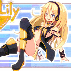 Rule 34 | 1girl, bad id, bad pixiv id, blonde hair, blue eyes, boots, cable, cd, fang, lily (vocaloid), long hair, miysin, sin (artist), sitting, skirt, smile, solo, thigh boots, thighhighs, vocaloid