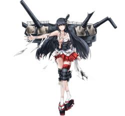 Rule 34 | 1girl, arm at side, bare shoulders, black hair, blush, breasts, broken, broken weapon, burnt clothes, cleavage, closed mouth, crossed legs, damaged, detached sleeves, dirty, dirty clothes, full body, fusou (kancolle), hair ornament, hull shoes, japanese clothes, kantai collection, kanzashi, kimono, legs, crossed legs, long hair, looking at viewer, medium breasts, miniskirt, nontraditional miko, okobo, outstretched arm, platform clogs, red eyes, rigging, rikka (rikka331), sandals, skirt, solo, soot, spread fingers, standing, tabi, tassel, thigh strap, thighs, torn clothes, transparent background, turret, very long hair, watson cross, weapon, wide sleeves