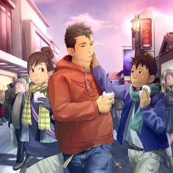 Rule 34 | 2girls, 3boys, bandaid, bandaid on face, bandaid on nose, brown hair, dark-skinned male, dark skin, gloves, green scarf, hand on another&#039;s face, height difference, highres, hood, hoodie, itto (mentaiko), jacket, multiple boys, multiple girls, original, plaid, plaid scarf, scar, scarf, short hair