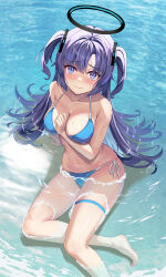 Rule 34 | 1girl, bare shoulders, bikini, blue archive, blue eyes, blush, breasts, cleavage, closed mouth, collarbone, halo, highres, kaneki yushi, large breasts, long hair, looking at viewer, medium breasts, navel, parted bangs, partially submerged, purple hair, side-tie bikini bottom, solo, swimsuit, thigh strap, thighs, two side up, water, wet, yuuka (blue archive)