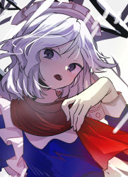 Rule 34 | 1girl, blue dress, blush, brown scarf, dress, gradient clothes, grey eyes, grey hair, hand up, highres, ichirugi, izayoi sakuya, long sleeves, looking to the side, maid, maid headdress, open mouth, red scarf, scarf, short hair, sky, snow, snowing, solo, standing, teeth, tongue, touhou, tree, upper body, white sky