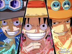 Rule 34 | 3boys, black hair, black hat, blonde hair, blue aura, blue shirt, close-up, collared shirt, commentary, freckles, gloves, goggles, goggles on headwear, grin, hat, highres, jewelry, looking at viewer, male focus, monkey d. luffy, multiple boys, necklace, one piece, orange hat, pearl necklace, portgas d. ace, red aura, sabo (one piece), scar, scar on face, shirt, signature, smile, straw hat, tacchan56110, teeth, yellow aura
