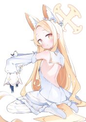 Rule 34 | 1girl, animal, animal ear fluff, animal ears, back, bare shoulders, bird, blue archive, blush, closed mouth, detached sleeves, dress, extra ears, fox ears, halo, highres, long hair, no shoes, pantyhose, seia (blue archive), simple background, sleeves past fingers, sleeves past wrists, solo, striped clothes, striped pantyhose, suta0822, vertical-striped clothes, vertical-striped pantyhose, white background, white bird, white dress, white pantyhose, wide sleeves, yellow eyes, yellow halo