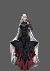 Rule 34 | 1girl, absurdly long hair, absurdres, aegir (azur lane), armored boots, artist name, asymmetrical footwear, azur lane, ba yi xing wu, bare shoulders, black footwear, black horns, bodystocking, boots, breast curtains, breasts, cross, cross-laced clothes, cross earrings, crossed legs, demon horns, earrings, elbow gloves, gloves, grey background, hair between eyes, high heel boots, high heels, highres, horns, jewelry, knee boots, large breasts, long hair, looking at viewer, medal, multicolored hair, red hair, simple background, single knee boot, sitting, solo, streaked hair, two-tone hair, very long hair, white hair, yellow eyes