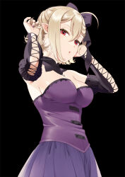 Rule 34 | 1girl, ahoge, alternate hair length, alternate hairstyle, arms up, bare shoulders, black background, black bow, black sleeves, blonde hair, bow, breasts, carmilla vanstein, detached collar, detached sleeves, dress, female focus, hair between eyes, hair bow, hand in own hair, hands up, hataage! kemono michi, looking at viewer, looking to the side, mattaku mousuke, medium breasts, nail polish, official art, parted lips, pointy ears, purple dress, purple nails, red eyes, short hair, simple background, sleeveless, sleeveless dress, solo, strapless, strapless dress, vampire