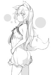 Rule 34 | 1girl, animal ears, ass, bare shoulders, blush stickers, dress, greyscale, highres, looking at viewer, monochrome, original, otokuyou, simple background, sketch, sleeveless, sleeveless dress, solo, tail, white background