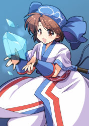 Rule 34 | 1girl, :d, ainu clothes, blue background, blue bow, blue hat, bow, brown eyes, brown hair, crystal, dagger, hat, hat bow, ice, knife, konril, looking at viewer, open mouth, pure (kawamoto nami), rimururu, samurai spirits, short hair, smile, solo, weapon