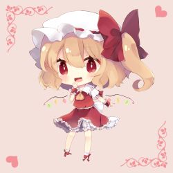 Rule 34 | 1girl, back bow, blonde hair, bloomers, bow, chibi, crystal, fang, flandre scarlet, frilled skirt, frills, full body, hair bow, hand to own mouth, hand up, hat, heart, mob cap, nekoha, open mouth, red bow, red eyes, red footwear, red skirt, red vest, shirt, short sleeves, side ponytail, skirt, smile, socks, solo, touhou, underwear, vest, white bow, white hat, white shirt, white socks, wings, wrist cuffs, yellow neckwear