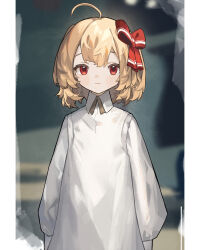 Rule 34 | 1girl, absurdres, ahoge, blonde hair, closed mouth, clynxen, collared shirt, hair ribbon, highres, long sleeves, looking at viewer, puffy long sleeves, puffy sleeves, red eyes, red ribbon, ribbon, rumia, shirt, short hair, sleeves past fingers, sleeves past wrists, solo, touhou, upper body, white shirt
