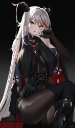Rule 34 | 1girl, absurdly long hair, absurdres, aegir (azur lane), arm at side, arm up, armored legwear, azur lane, bare shoulders, black background, black gloves, black thighhighs, bodystocking, breasts, cross, cross-laced clothes, cross earrings, crossed legs, demon horns, earrings, elbow gloves, gloves, gradient background, hair between eyes, hair intakes, hair on horn, highres, horns, iron cross, jewelry, large breasts, long hair, looking at viewer, microskirt, multicolored hair, parted lips, raitho, red hair, simple background, sitting, skin tight, skirt, slit pupils, solo, streaked hair, thighhighs, thighs, very long hair, white hair, wide sleeves, yellow eyes