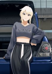 Rule 34 | 1girl, absurdres, black pants, blonde hair, car, collarbone, commentary request, cropped sweater, grey sweater, highres, long sleeves, looking at viewer, love live!, love live! nijigasaki high school idol club, medium hair, midriff, miyashita ai, motor vehicle, orange eyes, pants, ponytail, s sho mkrn, sidelocks, sleeves past wrists, solo, sweater, toyota, toyota altezza, upper body