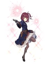 Rule 34 | 1girl, belt, belt pouch, blue skirt, boots, brown footwear, brown hair, brown legwear, bullet hole, cross-laced footwear, full body, glass shards, gloves, gun, highres, holding, holding gun, holding weapon, lace-up boots, looking at viewer, official art, pouch, princess principal, princess principal game of mission, skirt, solo, standing, standing on one leg, stephanie (princess principal), transparent background, weapon, white gloves, yellow eyes